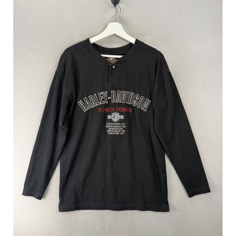Vintage Harley-Davidson V-Twin‎ Power Henley Shirt Black Mens Small Embroidered